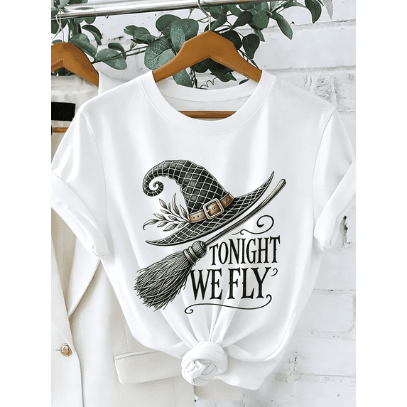 Tonight We Fly T-Shirt Witch Hat Broom Halloween Tee Orange Spooky Top