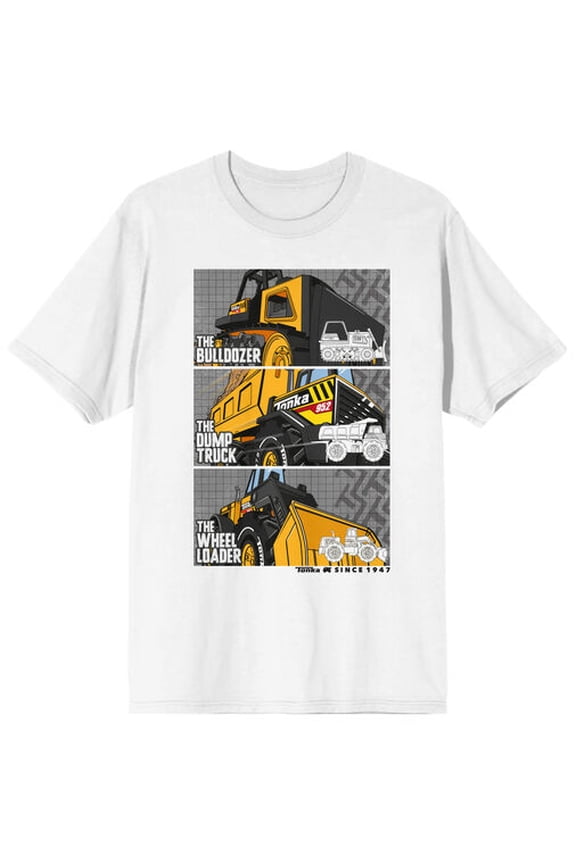 Tonka Bulldozer Dump Truck & Wheel Loader Adult White Crew Neck Short Sleeve T-shirt-Medium