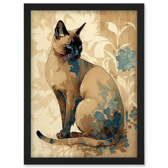 Tonkinese Cat with Blue Flower Modern Watercolour Illustration Artwork Framed Wall Art Print A4