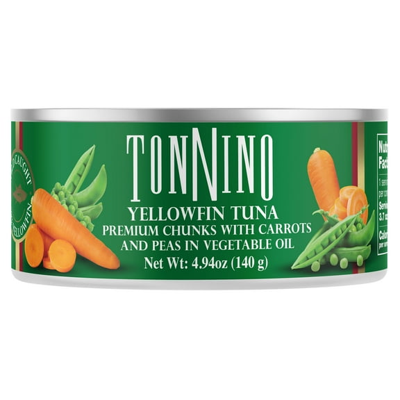 Tonnino Premium Yellowfin Tuna chunks with carrots and peas in vegetable oil, 4.94 oz, Can, Wild Caught