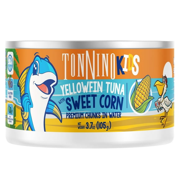 Tonnino Premium Yellowfin Tuna chunks with sweet corn in water, 3.7 oz, Can, Wild Caught