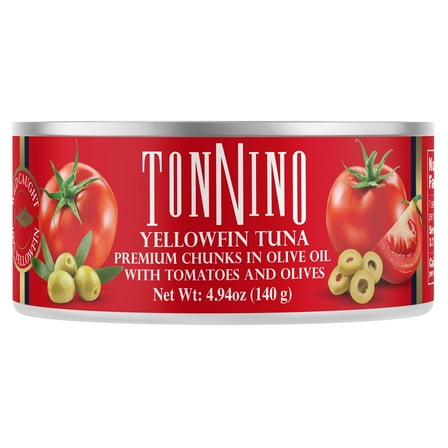 Tonnino Premium Yellowfin Tuna chunks with tomatoe and olives, 4.94 oz, Can, Wild Caught