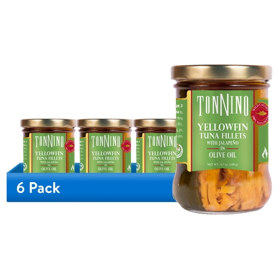 (6 pack) Tonnino Premium Yellowfin Tuna Fillet with Jalapeno in Olive Oil, Wild Caught, 6.7 oz Jar, Gluten-Free