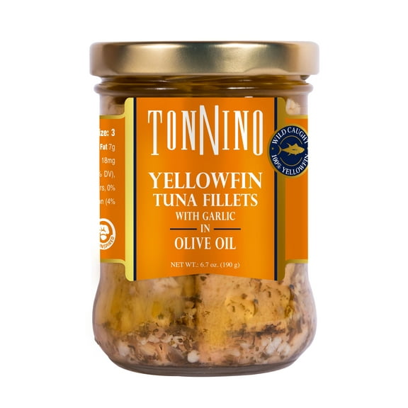 Tonnino Premium Yellowfin Tuna Fillet with Garlic in Olive Oil, Wild Caught, 6.7 oz, Jar