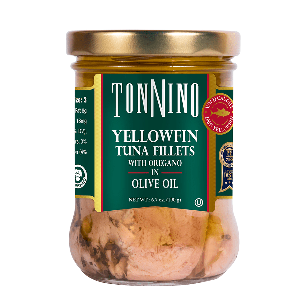 Tonnino Tuna Yellowfin Jarred Premium Tuna Fillet, with Oregano & Olive Oil, Wild Caught, 6.7 oz Jar, Gluten-Free