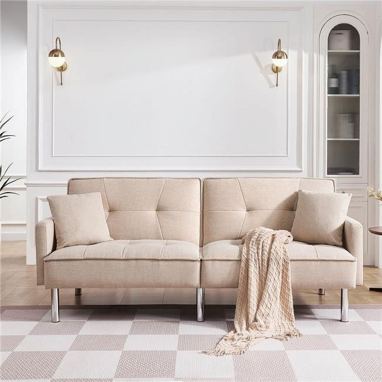 Sierah Style Tonopah Modern Fabric Split Back Convertible Sofa with Chrome Legs Beige