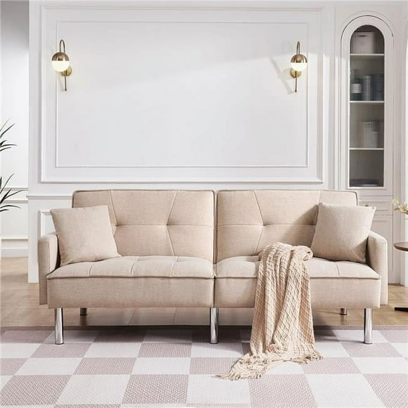 Sierah Style Tonopah Modern Fabric Split Back Convertible Sofa with Chrome Legs, Beige