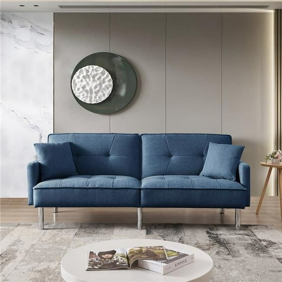 Tonopah 85" Large Modern Convertible 3 in 1 Fabric Covered Futon with Chrome Metal Legs, Split-Back Convertible Sofa, Recliner and Bed, Blue