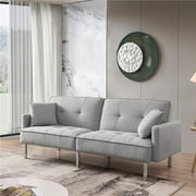 Tonopah 85 Large Modern Convertible 3 in 1 Fabric Covered Futon with Chrome Metal Legs, Split-Back Convertible Sofa, Recliner and Bed, Light Grey