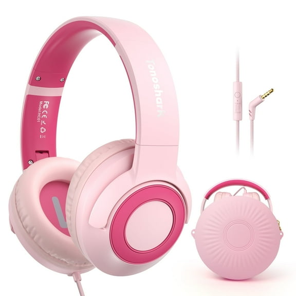 Tonoshark Kids Wired Headphones with Microphone, Volume Limited to 85/94dB Pink Earphone for Girls, Foldable 3.5mm Jack Headset for School & Travel, Includes Portable Case