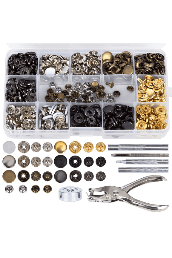 146 Set Snap Fasteners Kit + Leather Rivets, Snap Buttons Press Studs, Double Cap Rivet Fixing Tools
