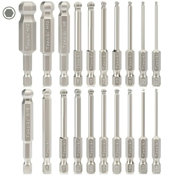 Tonsiki 20PCS Ball End Hex Head Allen Wrench Drill Bit Set,1/4" Hex Shank Hex Bits Set Metric & SAE