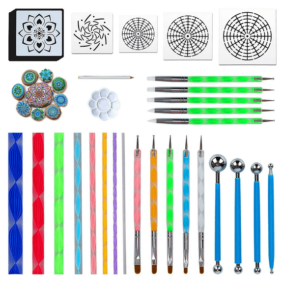 Tonsiki 34pcs Mandala Dotting Tool Nail Art Painting Kit With Stencil, Rock Painting Kit Supplies, Pottery/Polymer Clay Modeling/Nail Dotting/Embossing Tool