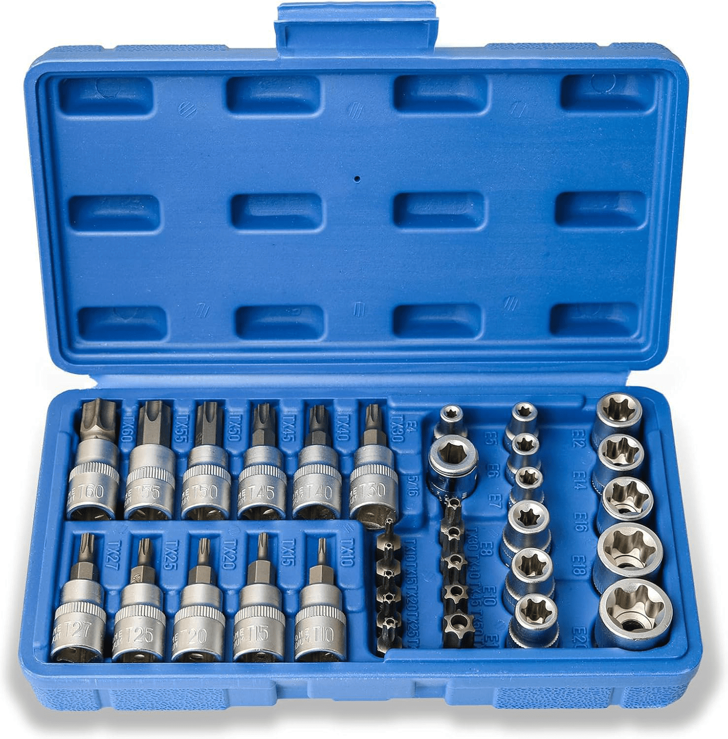 "Tonsiki 34pcs 3/8"" Drive Cr-V Steel Torx & E-Torx Star Socket Set, E4-E20, T10-T60, Tamper Resistant, Adapter Included"