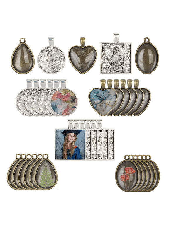 60pcs 5 Styles Pendant Trays with Glass Cabochon for Jewelry Making, DIY Crafts, Charm Necklaces Making kit