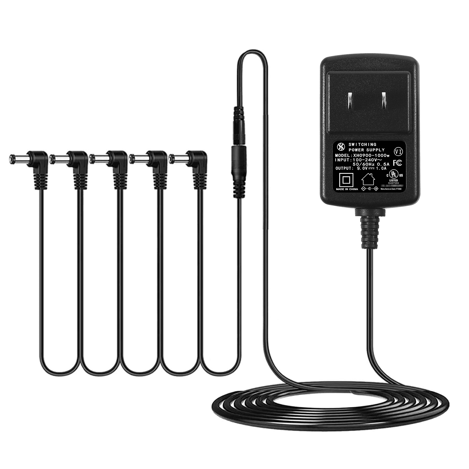 Tonton DC 9V 1A Power Supply Adapter - Center Positive,6.8FT Wall Charger with 1 to 5 Splitter Cable
