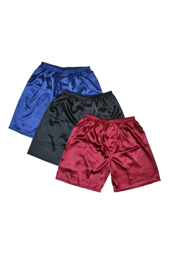 Men's Classic Satin Boxers Underpants (L, Blue+Black+Burgundy, 3-Pack)