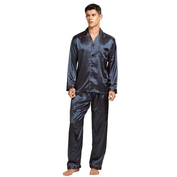 Tony & Candice Men's Classic Satin Pajama Set Adult Sleepwear (Blue / Golden, XX-Large)