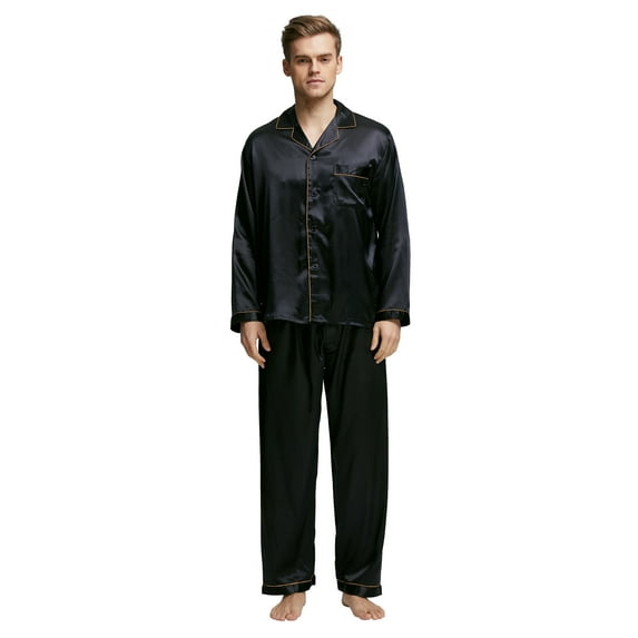 Tony & Candice Men's Classic Satin Pajama Set Adult Sleepwear (Large, Black with Golden Piping)