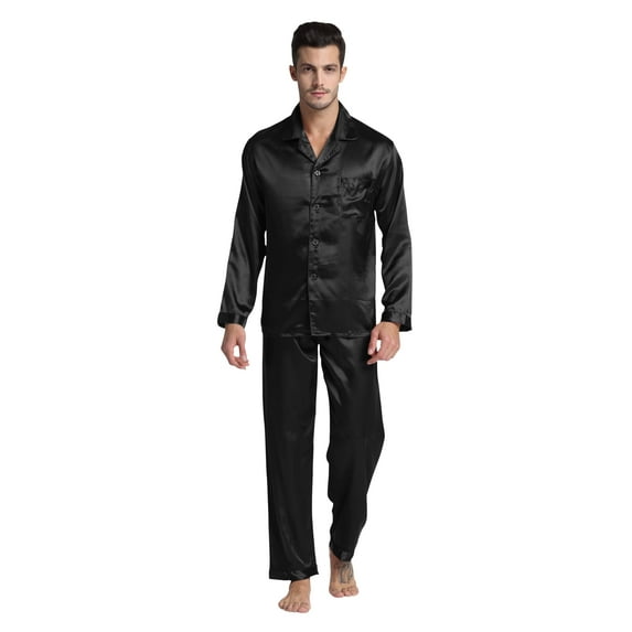 Tony & Candice Men's Classic Satin Pajama Set Adult Sleepwear (Large, Black)