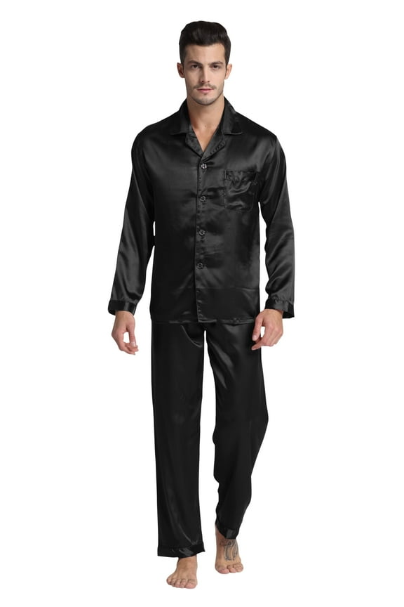 Men's Classic Satin Pajama Set Adult Sleepwear (Large, Black)