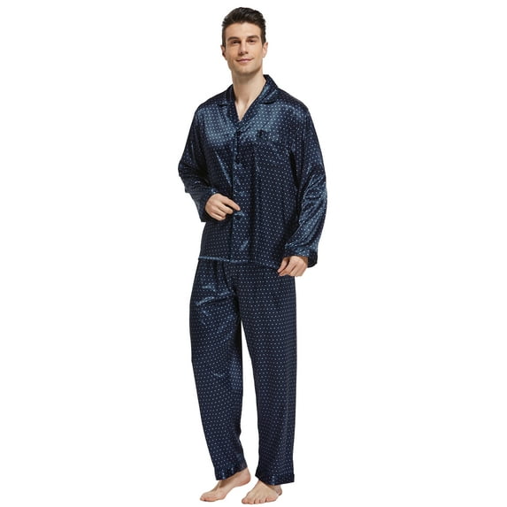 Tony & Candice Men's Classic Satin Pajama Set Adult Sleepwear (Large, Navy Blue with Polka Dots)