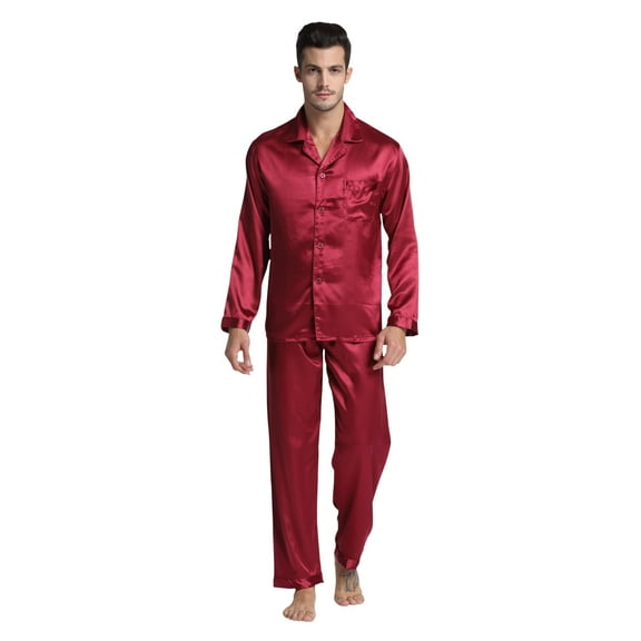 Tony & Candice Men's Classic Satin Pajama Set Adult Sleepwear (Medium, Burgundy)