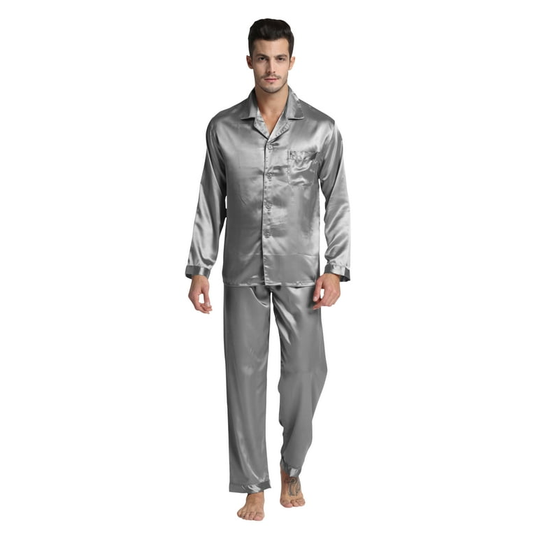 Tony Candice Men s Classic Satin Pajama Set Adult Sleepwear Medium Light Gray