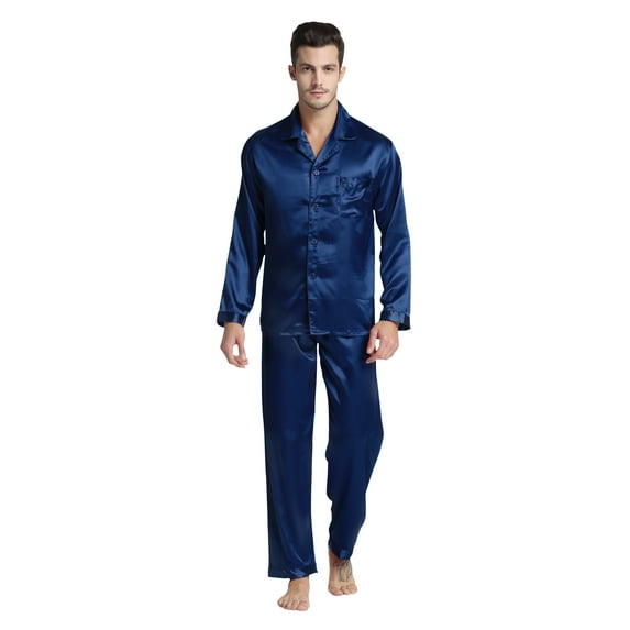 Tony & Candice Men's Classic Satin Pajama Set Adult Sleepwear (Medium, Navy Blue)