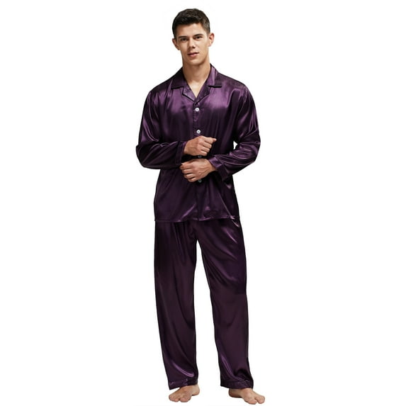 Tony & Candice Men's Classic Satin Pajama Set Adult Sleepwear (Medium, Purple With Black Piping)