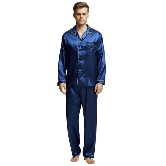 Tony & Candice Men's Classic Satin Pajama Set Adult Sleepwear (XX-Large, Blue with White Piping)