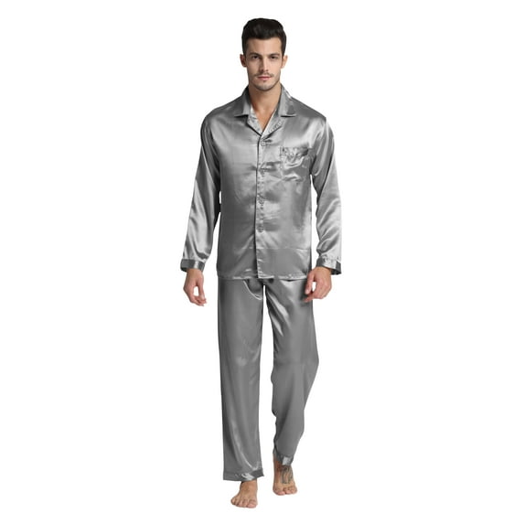 Tony & Candice Men's Classic Satin Pajama Set Adult Sleepwear (XX-Large, Light Gray)