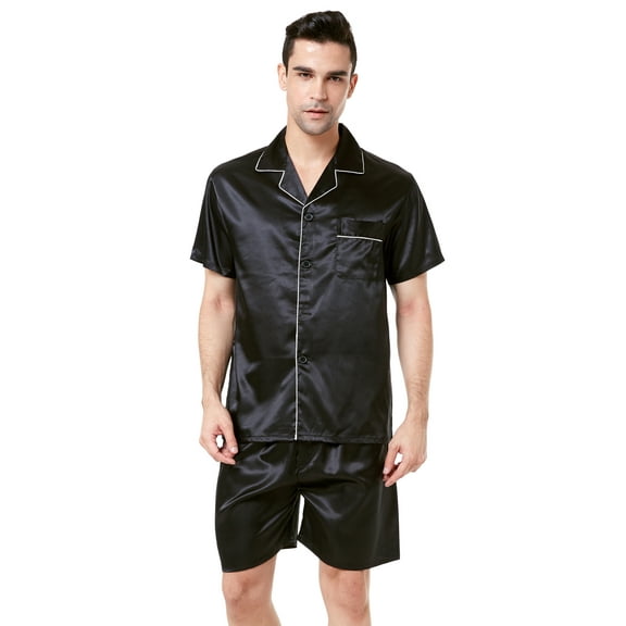 Tony & Candice Men's Classic Short Sleeve Satin Pajama Set Adult Sleepwear (L,Black with White Piping)