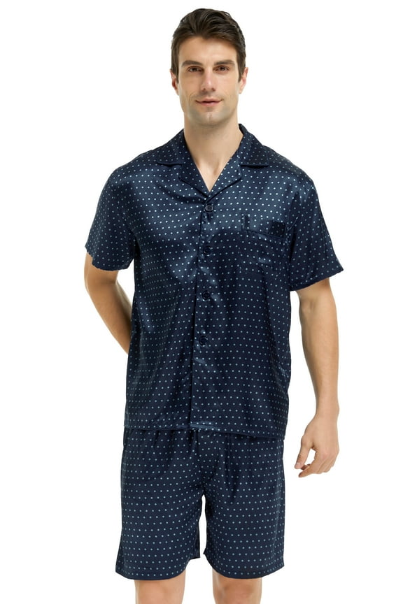 Men's Classic Short Sleeve Satin Pajama Set Adult Sleepwear (L,Navy Blue with Polka Dots)