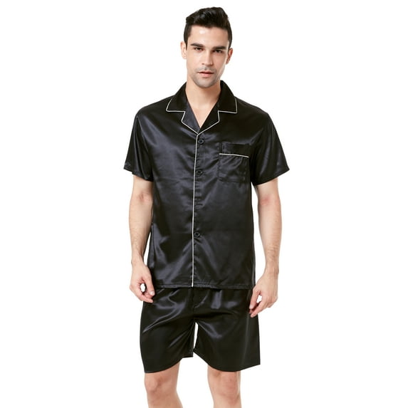 Tony & Candice Men's Classic Short Sleeve Satin Pajama Set Adult Sleepwear (M,Black with White Piping)
