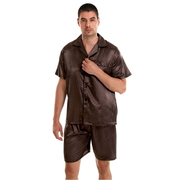 Tony & Candice Men's Classic Short Sleeve Satin Pajama Set Adult Sleepwear (M,Chestnut)