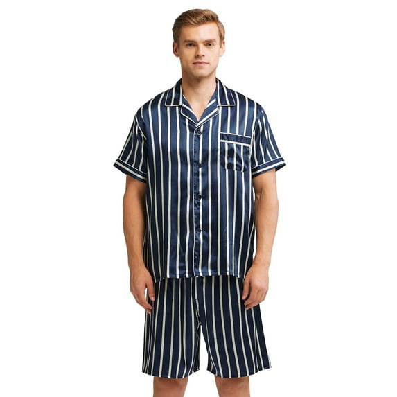 Tony & Candice Men's Classic Short Sleeve Satin Pajama Set Adult Sleepwear (M,Navy and Beige Striped)