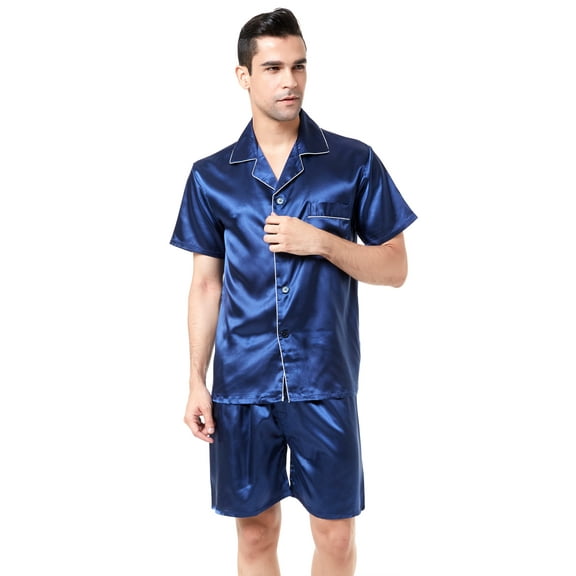 Tony & Candice Men's Classic Short Sleeve Satin Pajama Set Adult Sleepwear (XXL,Navy Blue with White Piping)