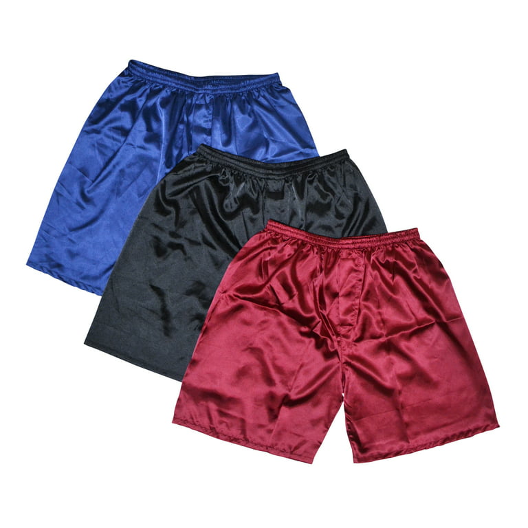 Tony & Candice Men's Classic Silk Satin Boxers Underpants (M,  Blue+Black+Burgundy, 3-Pack) 