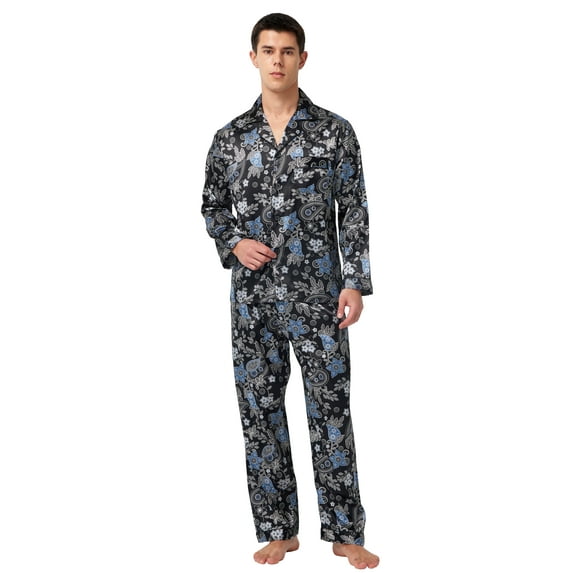 Tony & Candice Men's Classic Silk Satin Pajama Set Adult Sleepwear (XX-Large, Black with Leaf Patterns)