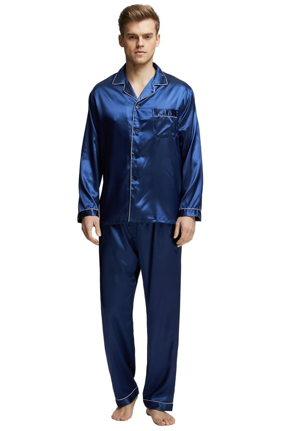 Men's Classic Silk Satin Pajama Set Adult Sleepwear (Medium, Blue with White Piping)