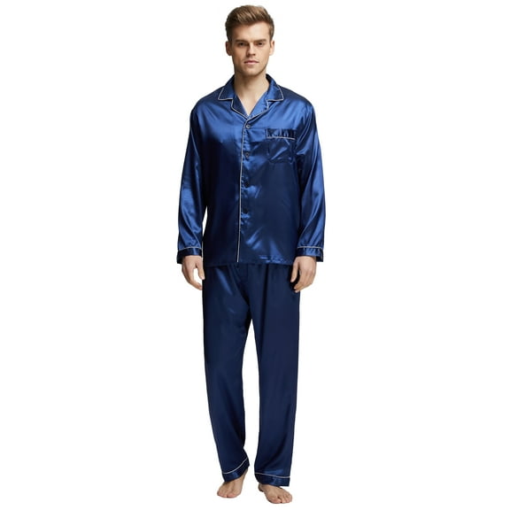 Tony & Candice Men's Classic Silk Satin Pajama Set Adult Sleepwear (Medium, Blue with White Piping)