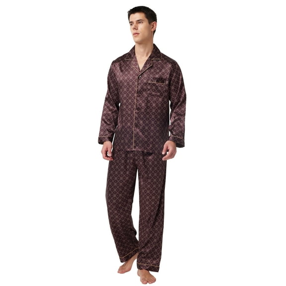 Tony & Candice Men's Classic Silk Satin Pajama Set Adult Sleepwear (Medium, Blue with White Piping)
