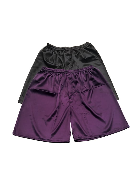 Men's Satin Boxers Shorts Combo Pack Underwear (L, Black + Purple 2-Pack)