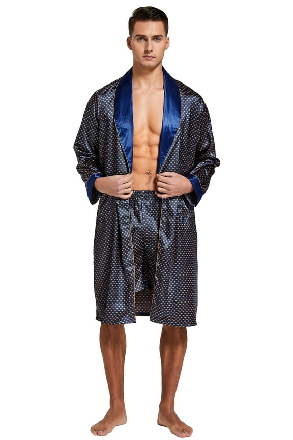 Men's Satin Robe with Shorts Set Kimono Bathrobe (Large, Blue/Golden)