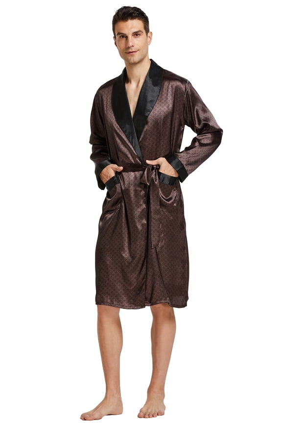 Men's Satin Robe with Shorts Set Kimono Bathrobe (Large, Chestnut)