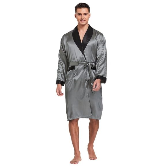 Tony & Candice Men's Satin Robe with Shorts Set Kimono Bathrobe (Large, Gray with Black Collar)
