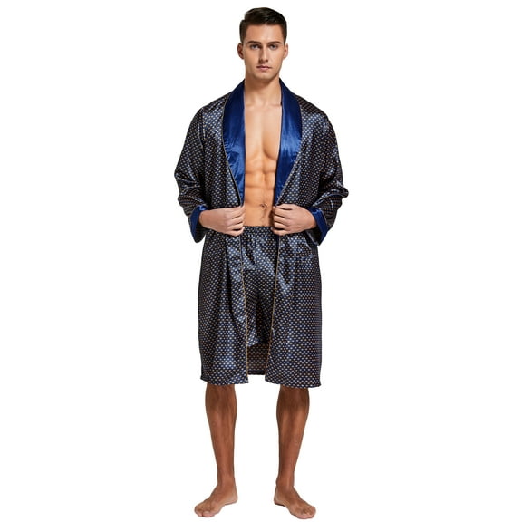 Tony & Candice Men's Satin Robe with Shorts Set Kimono Bathrobe (Medium, Blue/Golden)
