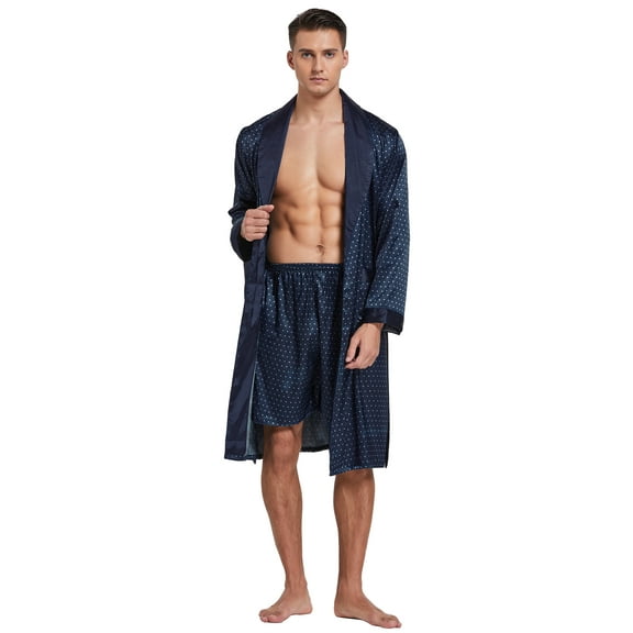 Tony & Candice Men's Satin Robe with Shorts Set Kimono Bathrobe (Medium, Navy Blue with Polka Dots)