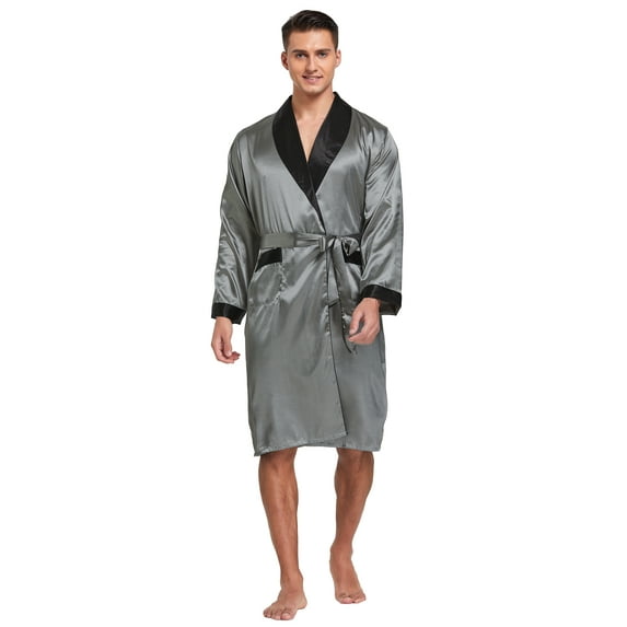 Tony & Candice Men's Satin Robe with Shorts Set Kimono Bathrobe (X-Large, Gray with Black Collar)
